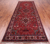 Red Vintage Persian Heriz Serapi Hand Knotted Wool Rug - 4' 11" X 12' 9"