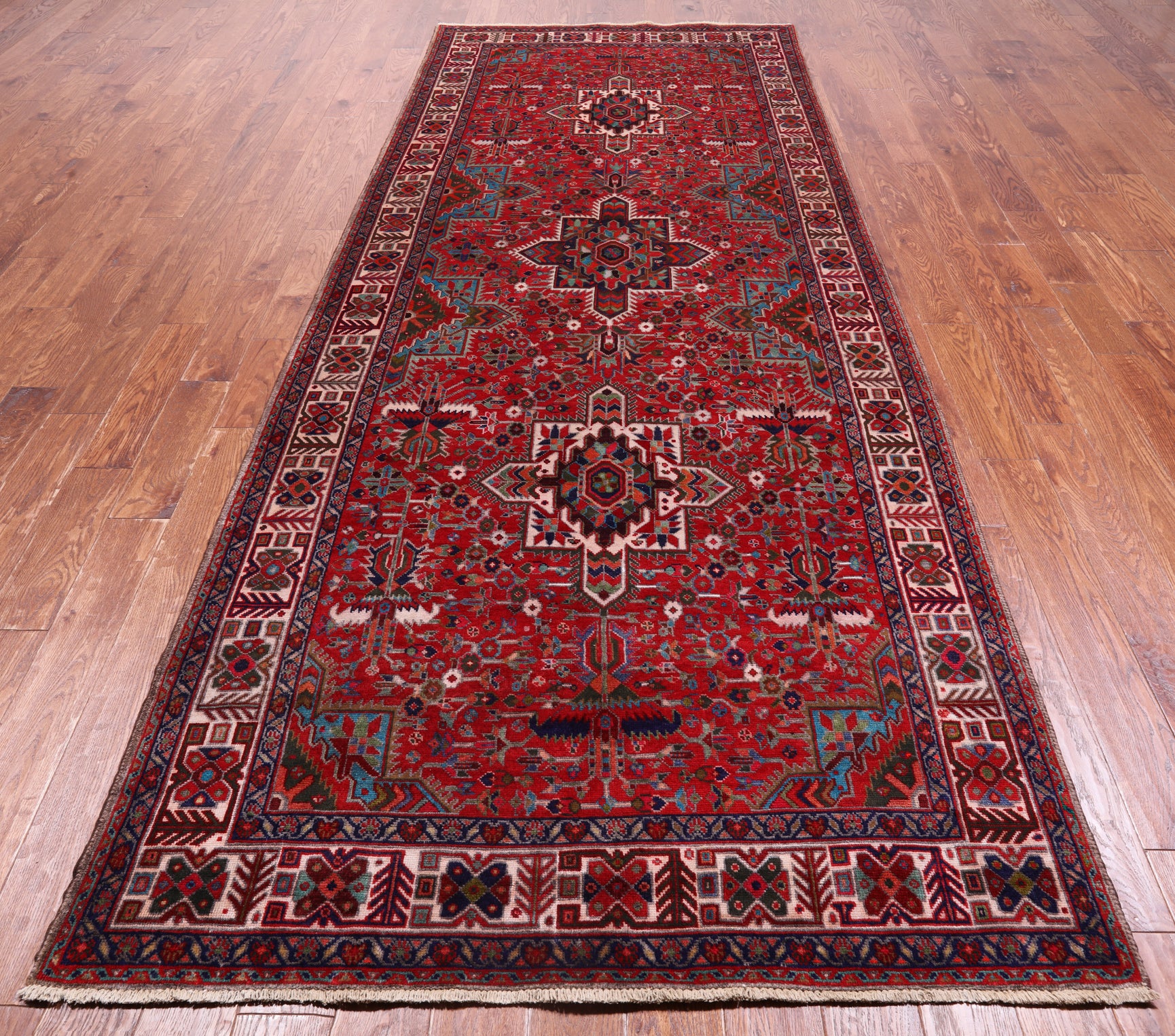 Red Vintage Persian Heriz Serapi Hand Knotted Wool Rug - 4' 11" X 12' 9"