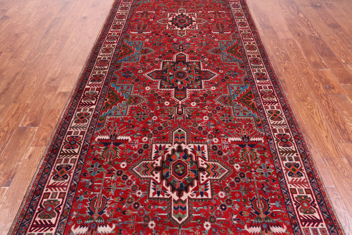 Red Vintage Persian Heriz Serapi Hand Knotted Wool Rug - 4' 11" X 12' 9"