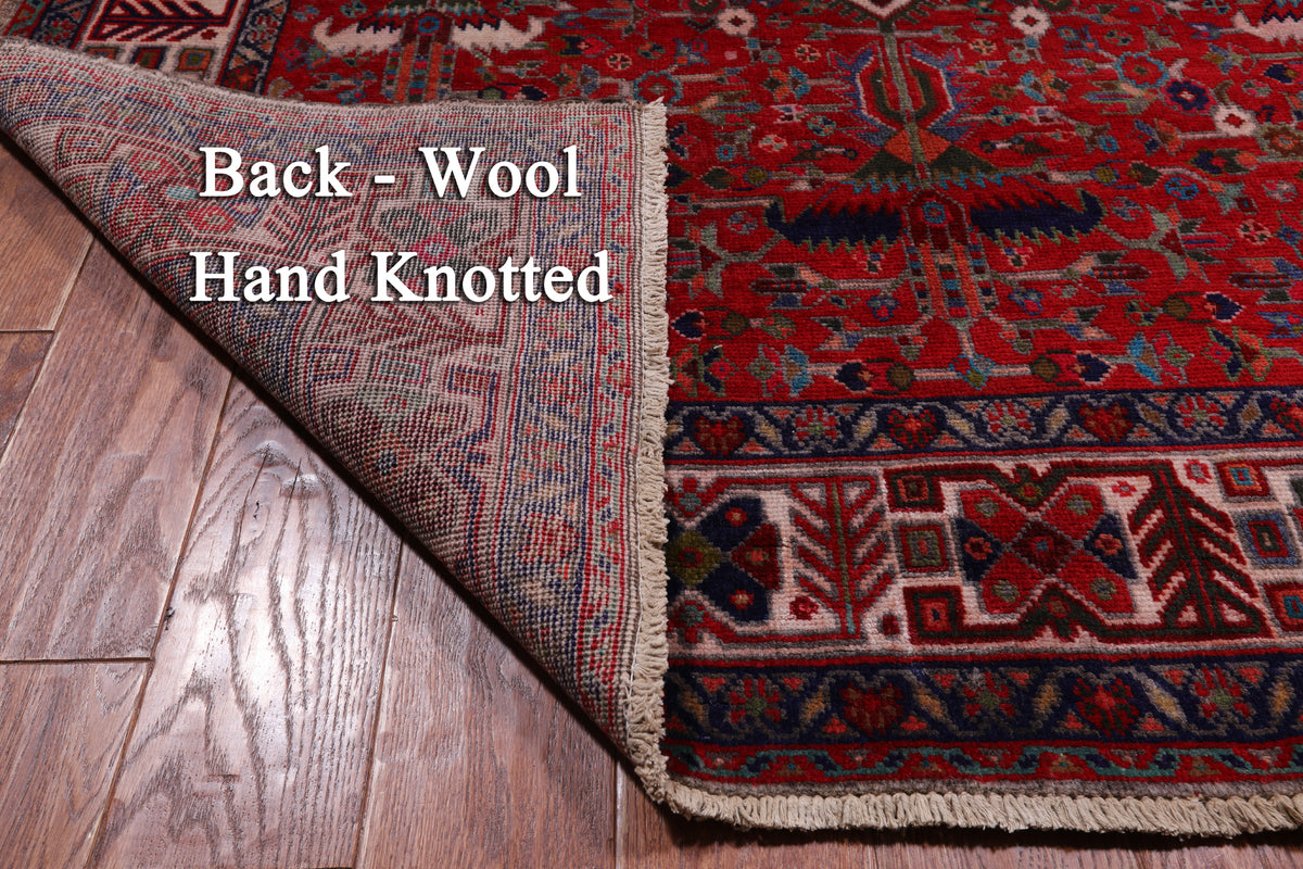 Red Vintage Persian Heriz Serapi Hand Knotted Wool Rug - 4' 11" X 12' 9"