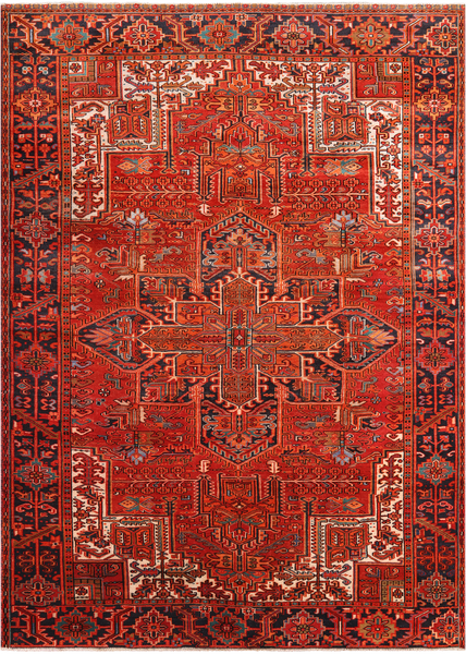 Red Vintage Persian Heriz Serapi Hand-Knotted Wool Rug - 7' 9" X 10' 11"