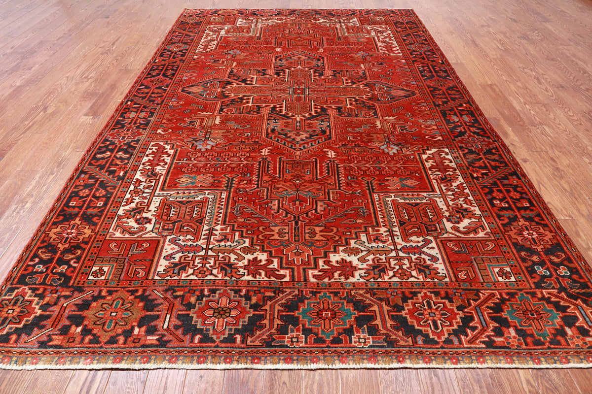 Red Vintage Persian Heriz Serapi Hand-Knotted Wool Rug - 7' 9" X 10' 11"