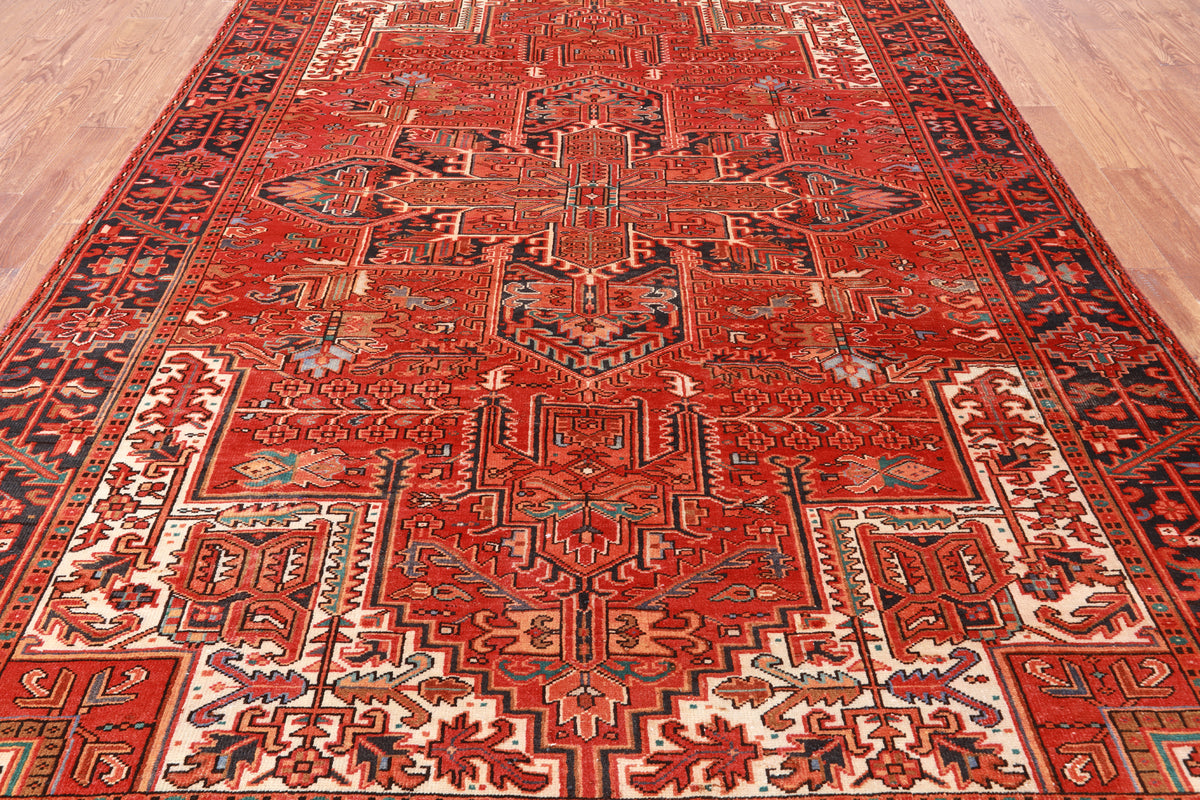 Red Vintage Persian Heriz Serapi Hand-Knotted Wool Rug - 7' 9" X 10' 11"