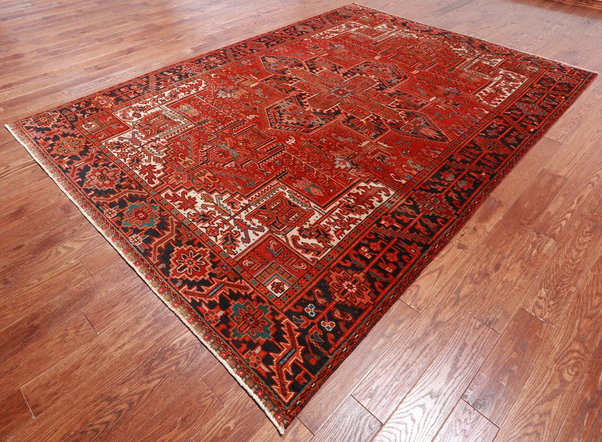 Red Vintage Persian Heriz Serapi Hand-Knotted Wool Rug - 7' 9" X 10' 11"