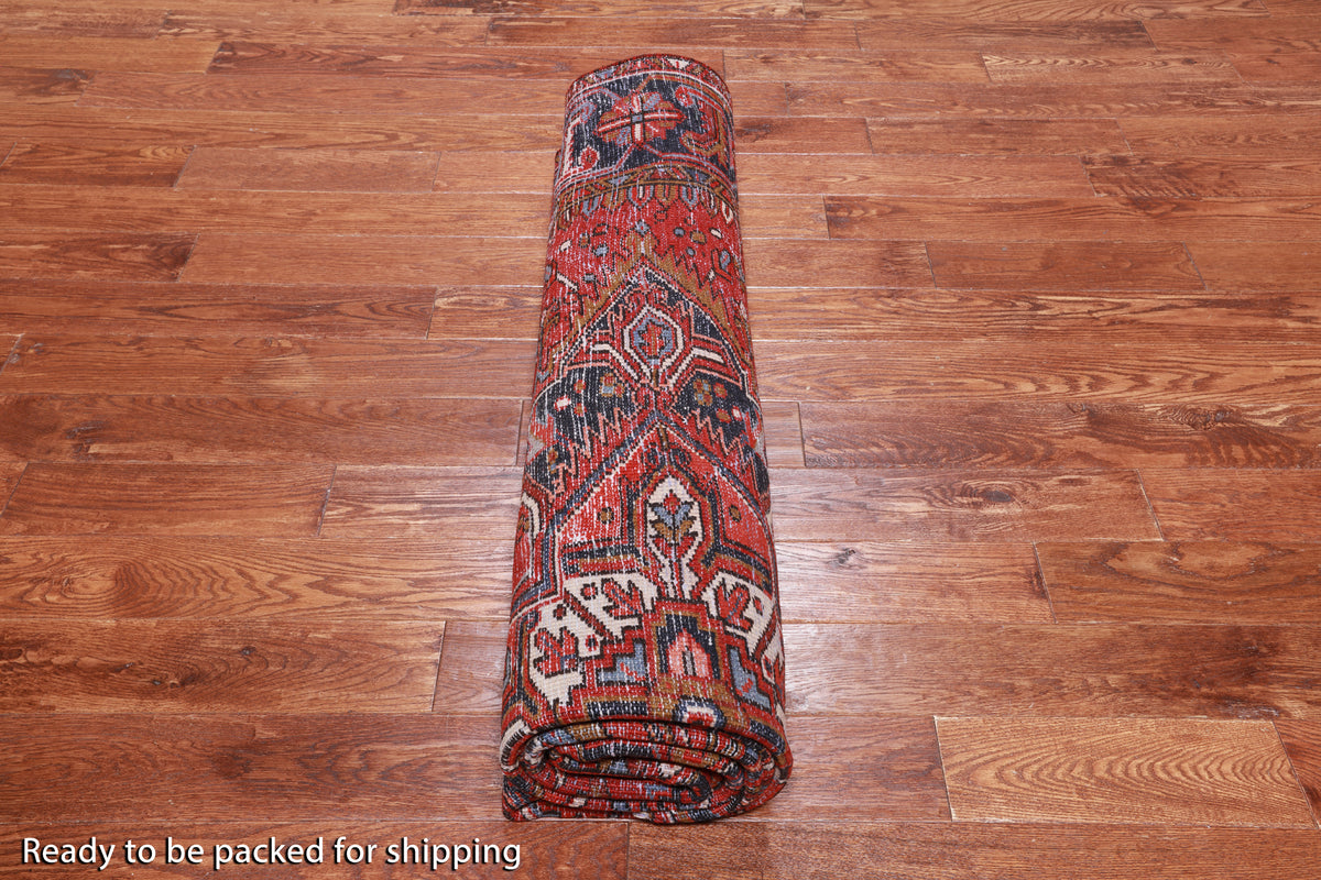 Red Vintage Persian Heriz Serapi Handmade Wool Rug - 8' 0" X 10' 6"