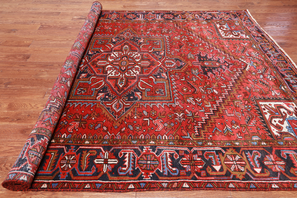 Red Vintage Persian Heriz Serapi Handmade Wool Rug - 8' 0" X 10' 6"