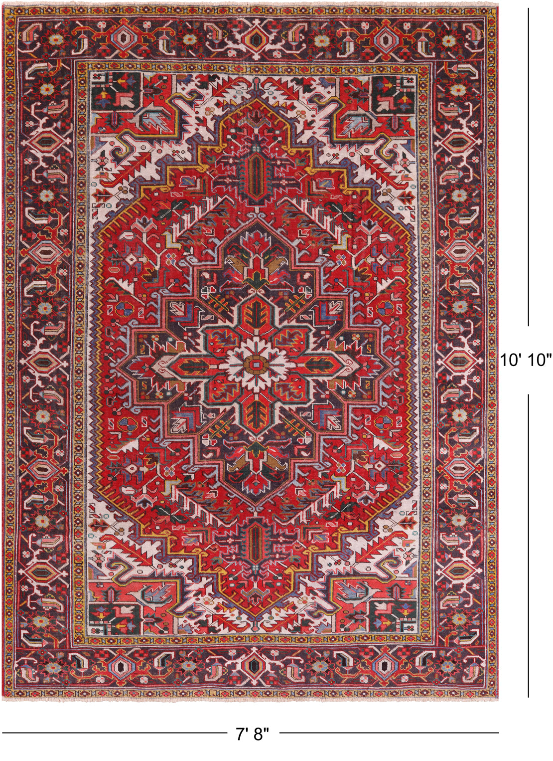Red Vintage Persian Heriz Serapi Handmade Wool Rug - 7' 8" X 10' 10"