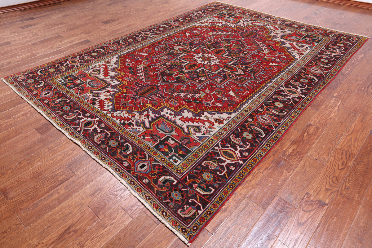 Red Vintage Persian Heriz Serapi Handmade Wool Rug - 7' 8" X 10' 10"