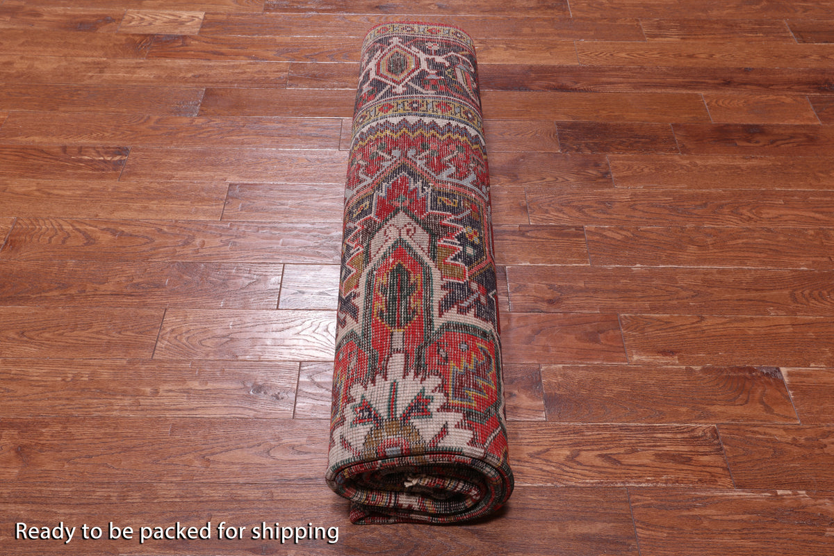 Red Vintage Persian Heriz Serapi Handmade Wool Rug - 7' 8" X 10' 10"