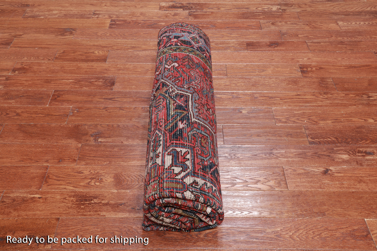Red Vintage Persian Heriz Serapi Hand-Knotted Wool Rug - 7' 10" X 10' 10"