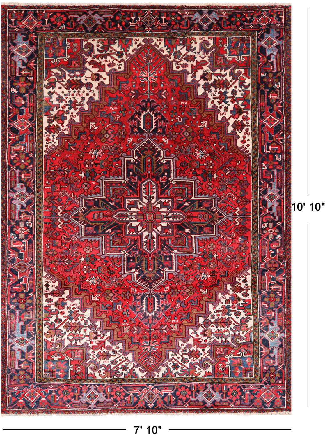Red Vintage Persian Heriz Serapi Hand-Knotted Wool Rug - 7' 10" X 10' 10"