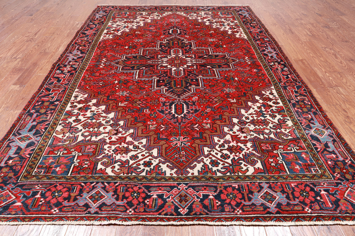 Red Vintage Persian Heriz Serapi Hand-Knotted Wool Rug - 7' 10" X 10' 10"