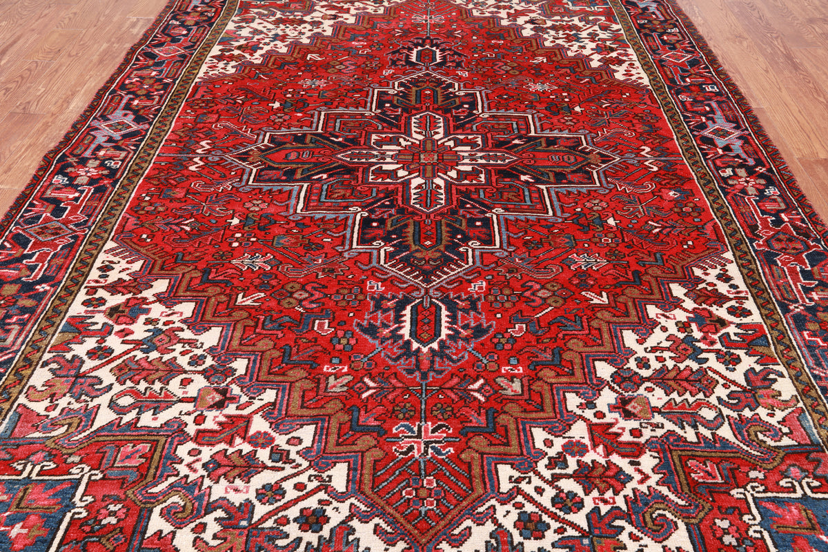 Red Vintage Persian Heriz Serapi Hand-Knotted Wool Rug - 7' 10" X 10' 10"