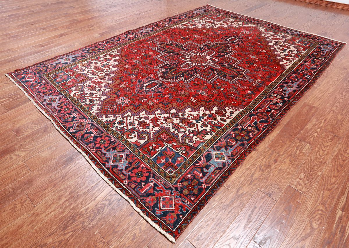 Red Vintage Persian Heriz Serapi Hand-Knotted Wool Rug - 7' 10" X 10' 10"