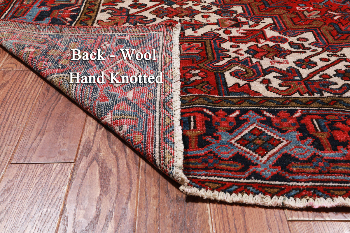 Red Vintage Persian Heriz Serapi Hand-Knotted Wool Rug - 7' 10" X 10' 10"