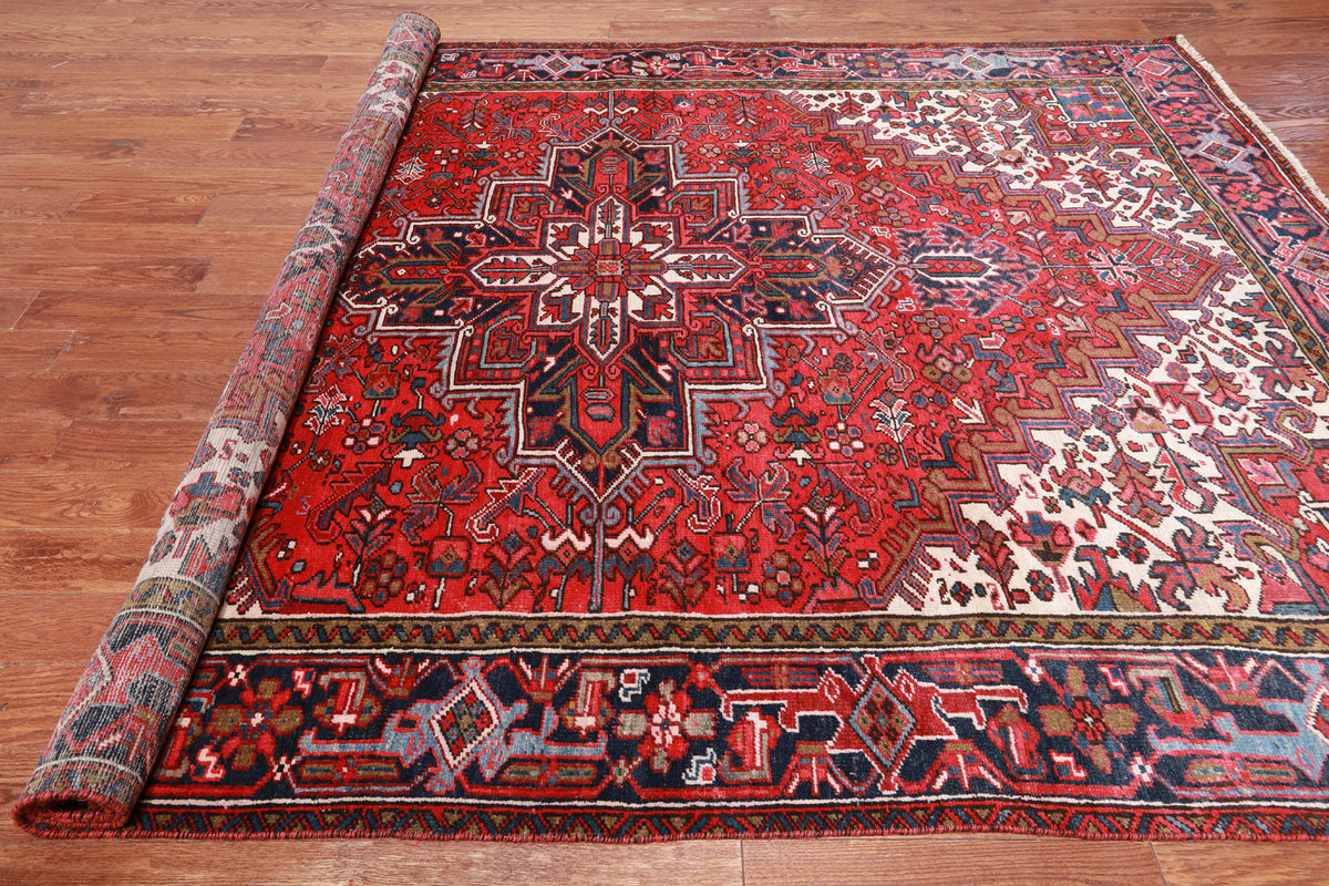 Red Vintage Persian Heriz Serapi Hand-Knotted Wool Rug - 7' 10" X 10' 10"
