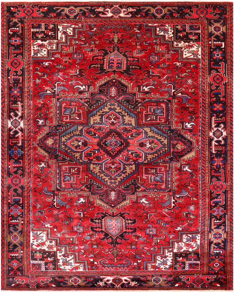 Red Vintage Persian Heriz Serapi Handmade Wool Rug - 8' 0" X 10' 3"