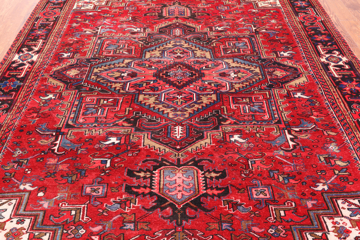 Red Vintage Persian Heriz Serapi Handmade Wool Rug - 8' 0" X 10' 3"