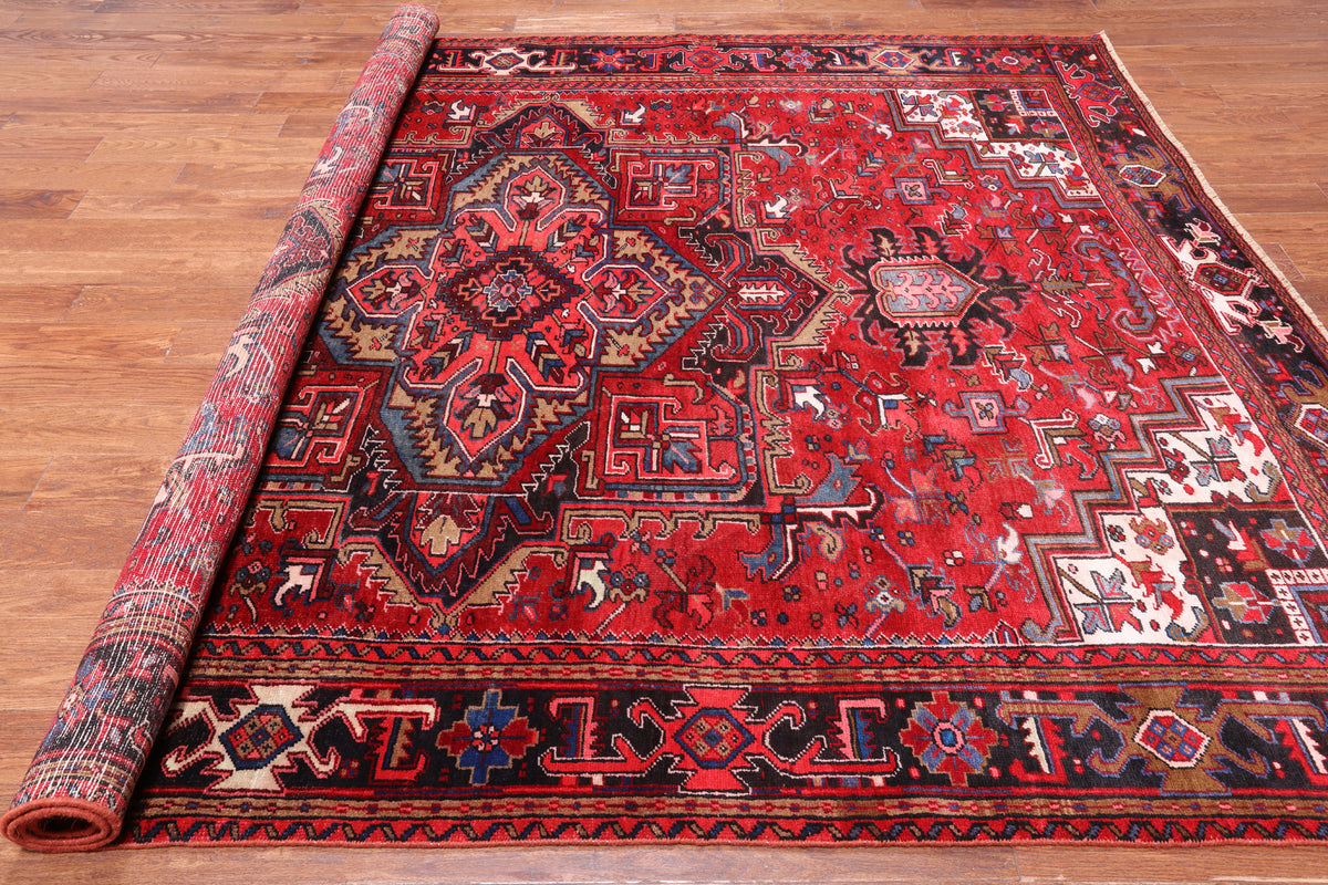 Red Vintage Persian Heriz Serapi Handmade Wool Rug - 8' 0" X 10' 3"