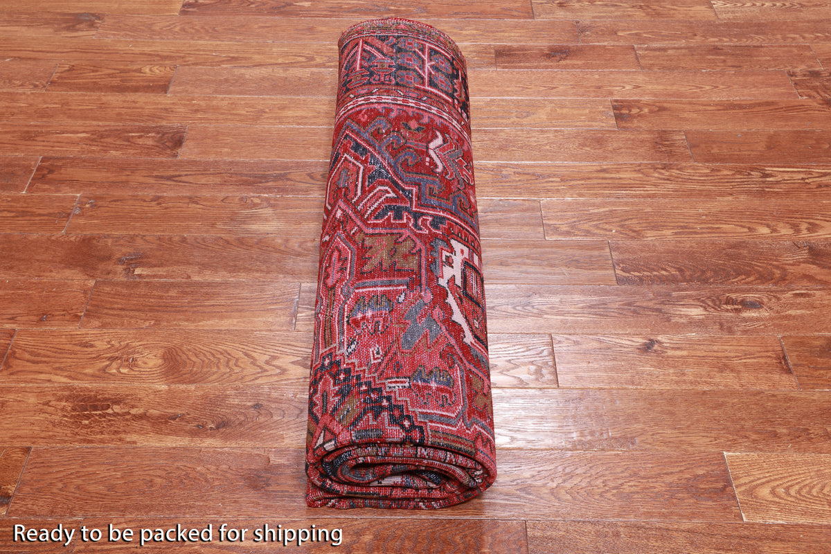 Red Vintage Persian Heriz Serapi Hand Knotted Wool Rug - 7' 9" X 11' 2"