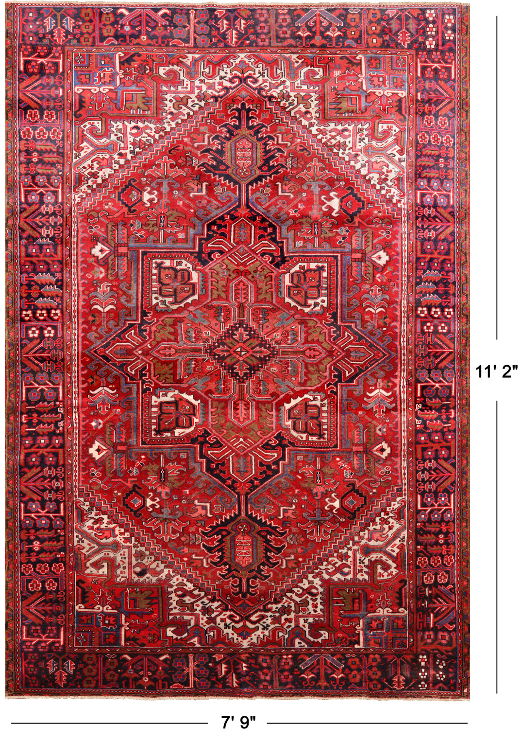 Red Vintage Persian Heriz Serapi Hand Knotted Wool Rug - 7' 9" X 11' 2"