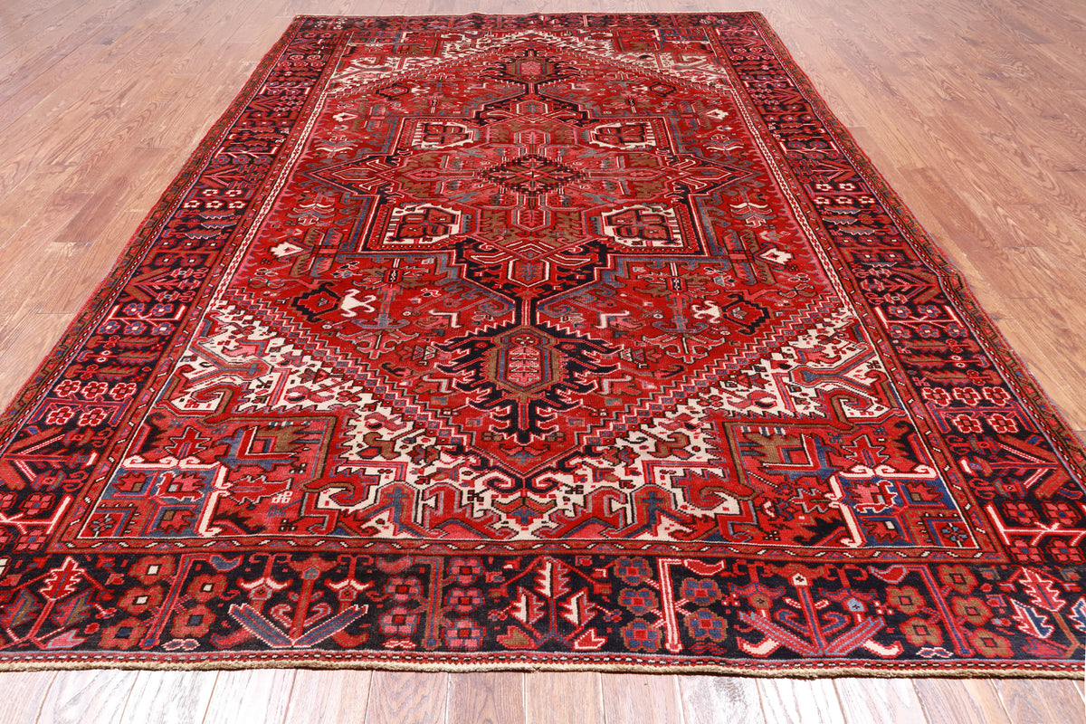 Red Vintage Persian Heriz Serapi Hand Knotted Wool Rug - 7' 9" X 11' 2"