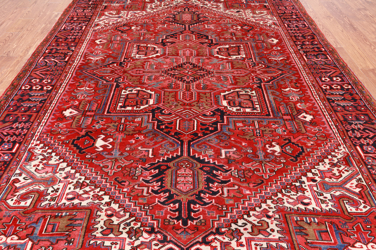 Red Vintage Persian Heriz Serapi Hand Knotted Wool Rug - 7' 9" X 11' 2"