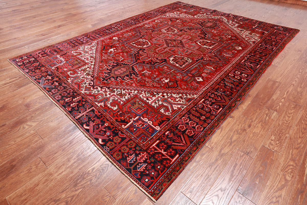 Red Vintage Persian Heriz Serapi Hand Knotted Wool Rug - 7' 9" X 11' 2"