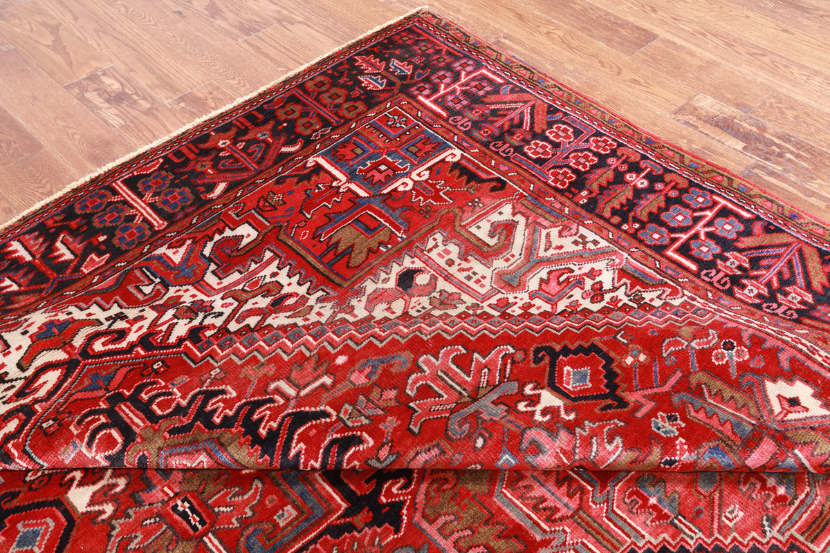 Red Vintage Persian Heriz Serapi Hand Knotted Wool Rug - 7' 9" X 11' 2"