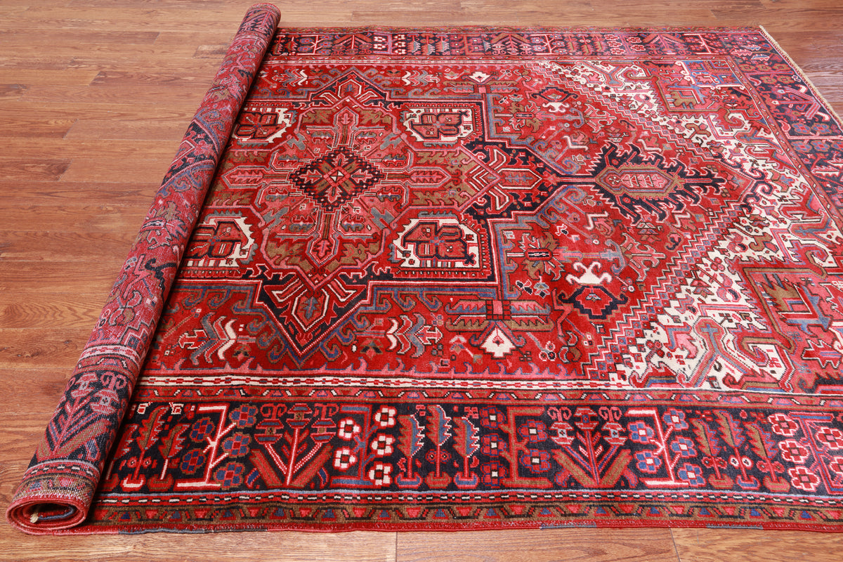 Red Vintage Persian Heriz Serapi Hand Knotted Wool Rug - 7' 9" X 11' 2"