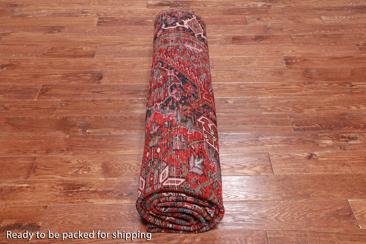Red Vintage Persian Heriz Serapi Handmade Wool Rug - 8' 8" X 11' 1"