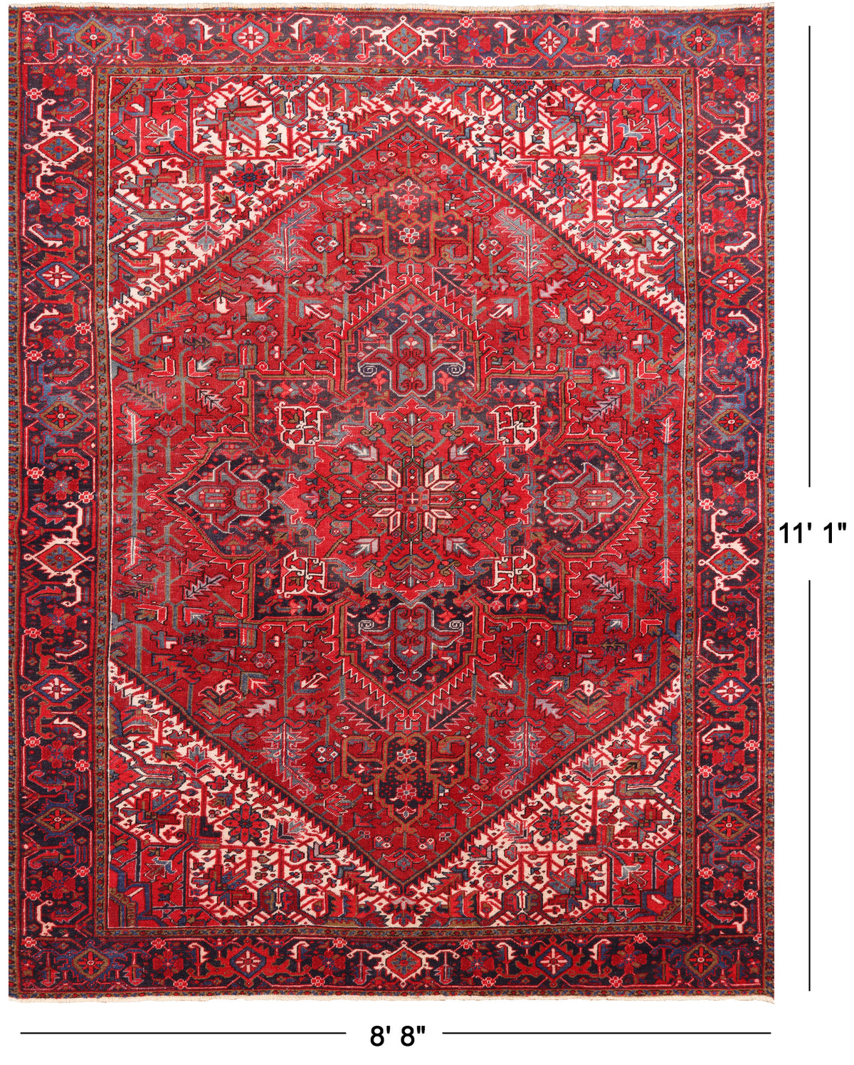 Red Vintage Persian Heriz Serapi Handmade Wool Rug - 8' 8" X 11' 1"
