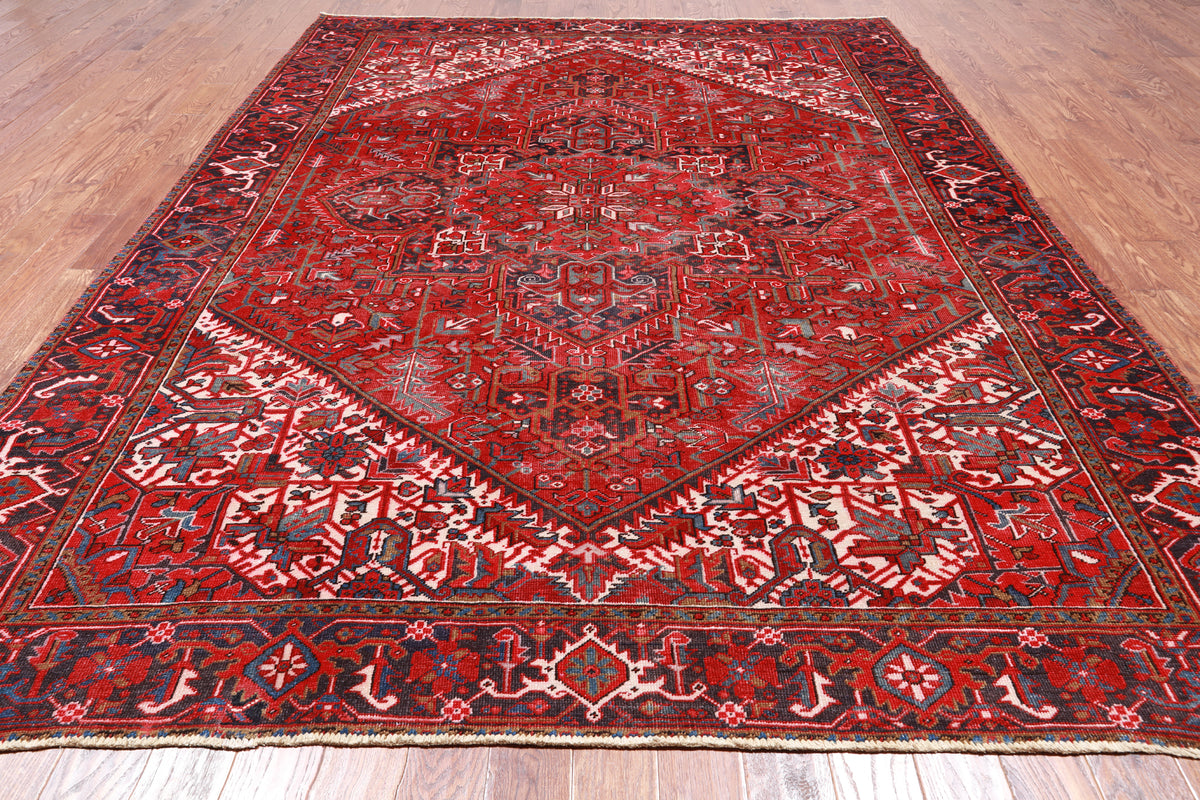 Red Vintage Persian Heriz Serapi Handmade Wool Rug - 8' 8" X 11' 1"