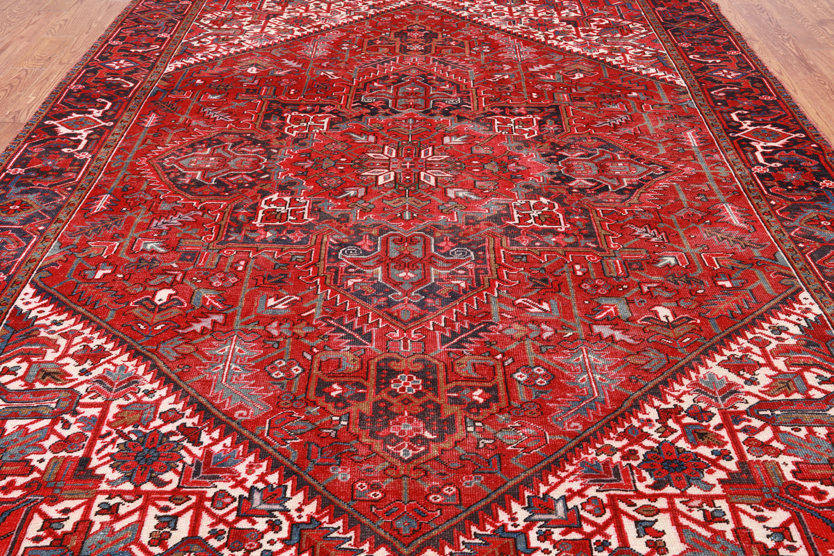 Red Vintage Persian Heriz Serapi Handmade Wool Rug - 8' 8" X 11' 1"