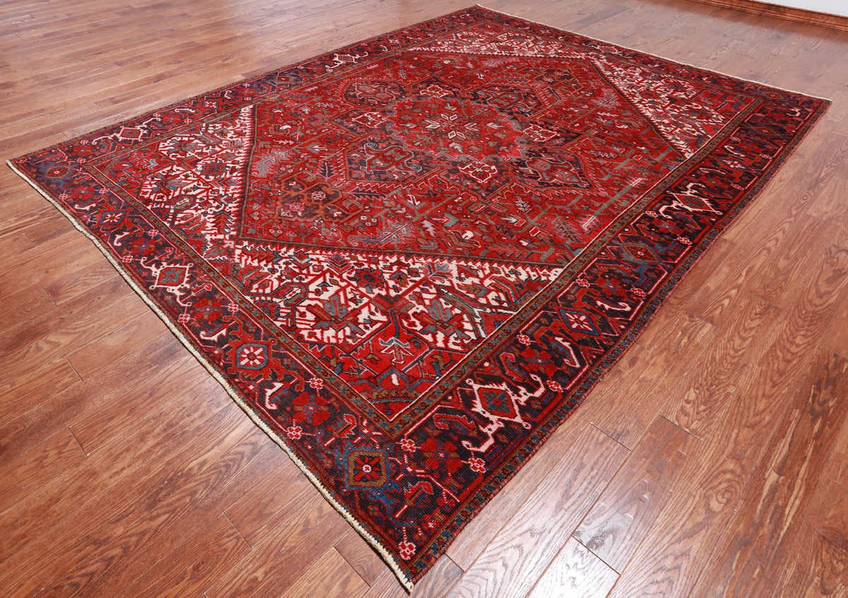 Red Vintage Persian Heriz Serapi Handmade Wool Rug - 8' 8" X 11' 1"