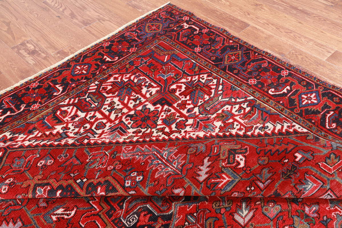 Red Vintage Persian Heriz Serapi Handmade Wool Rug - 8' 8" X 11' 1"