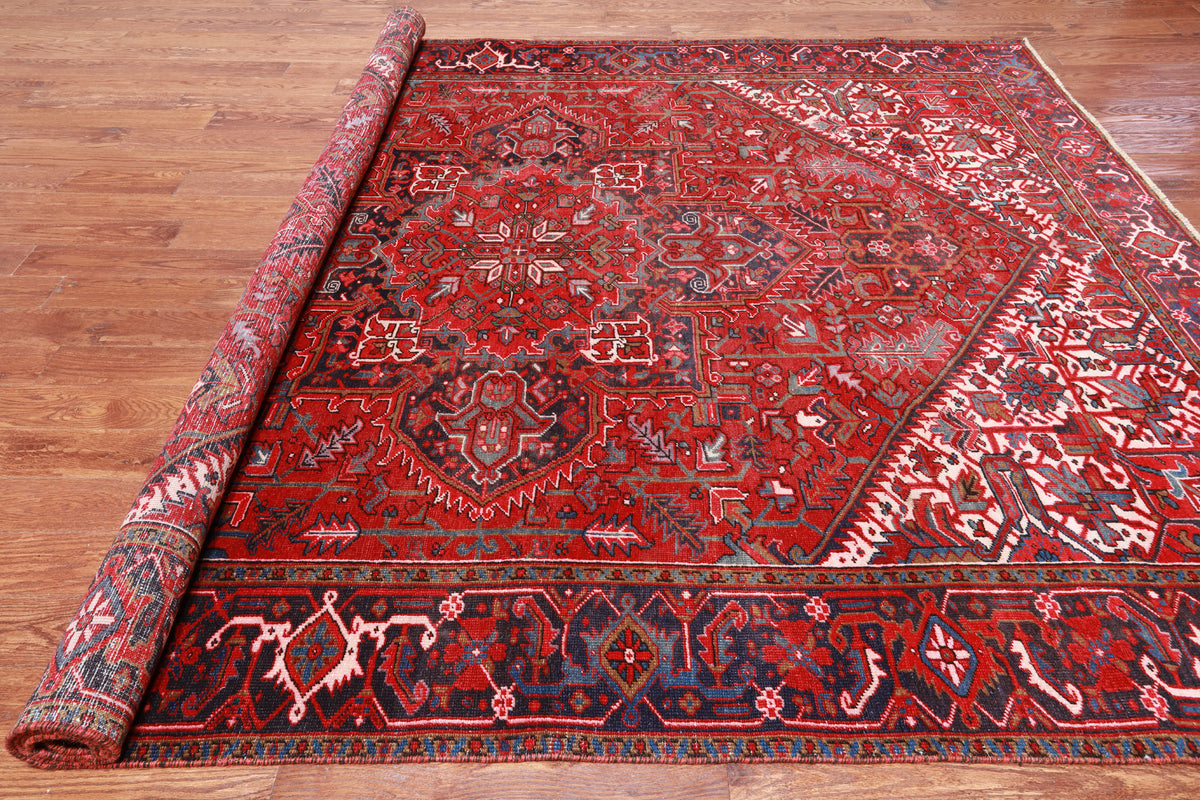 Red Vintage Persian Heriz Serapi Handmade Wool Rug - 8' 8" X 11' 1"