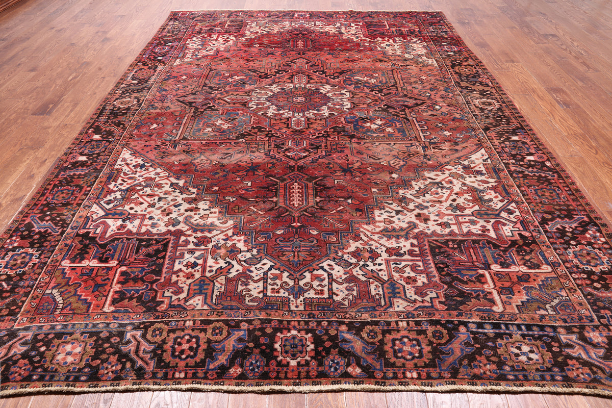 Red Vintage Persian Heriz Serapi Handmade Wool Rug - 9' 0" X 11' 10"