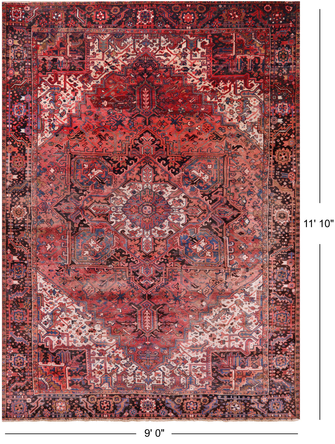 Red Vintage Persian Heriz Serapi Handmade Wool Rug - 9' 0" X 11' 10"