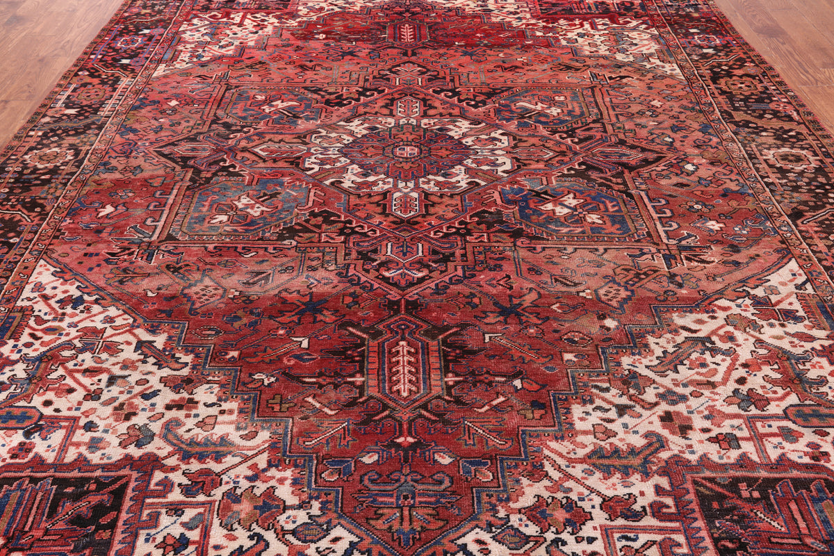 Red Vintage Persian Heriz Serapi Handmade Wool Rug - 9' 0" X 11' 10"
