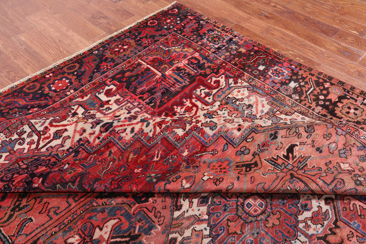 Red Vintage Persian Heriz Serapi Handmade Wool Rug - 9' 0" X 11' 10"
