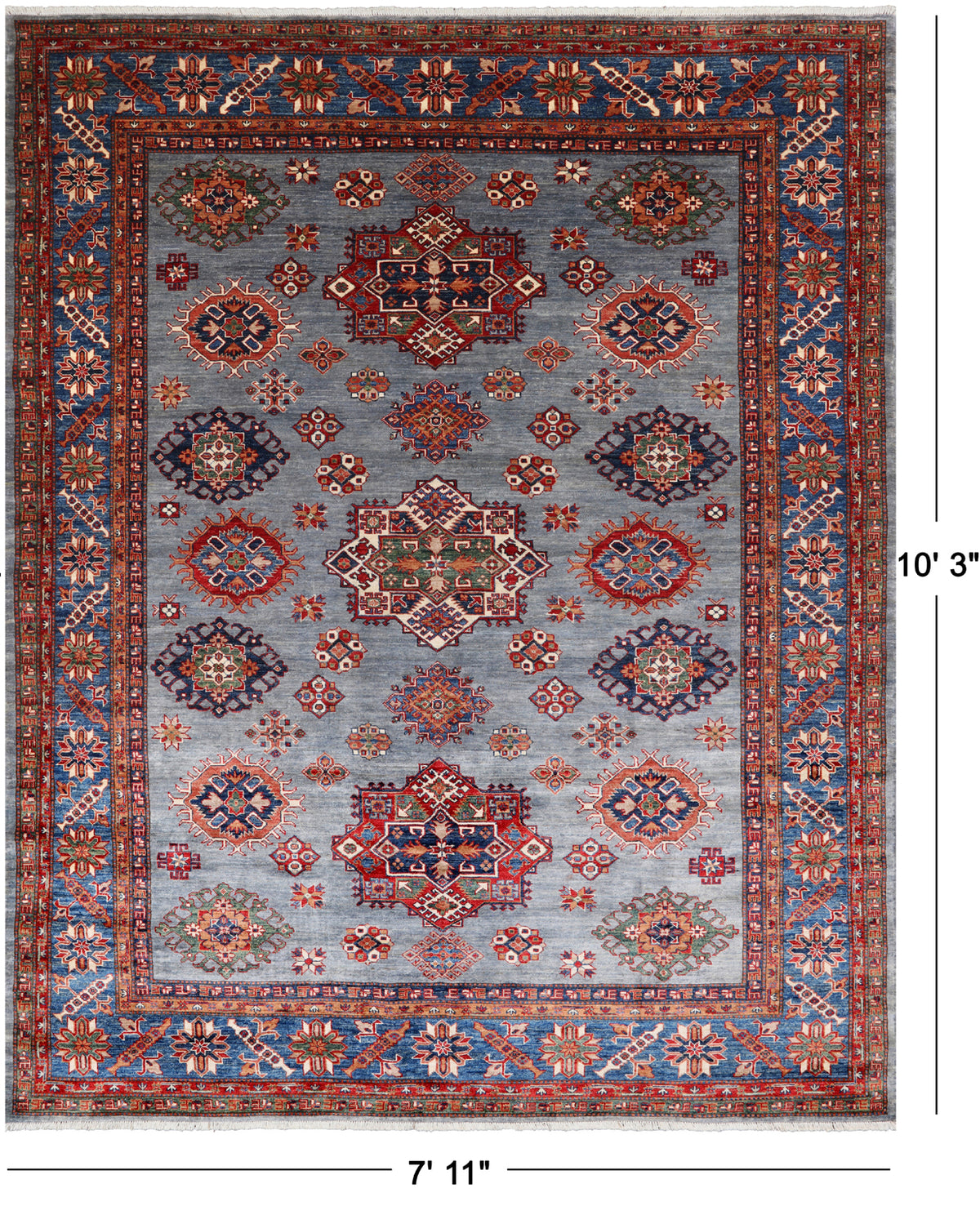 Blue Super Kazak Handmade Wool Rug - 7' 11" X 10' 3"