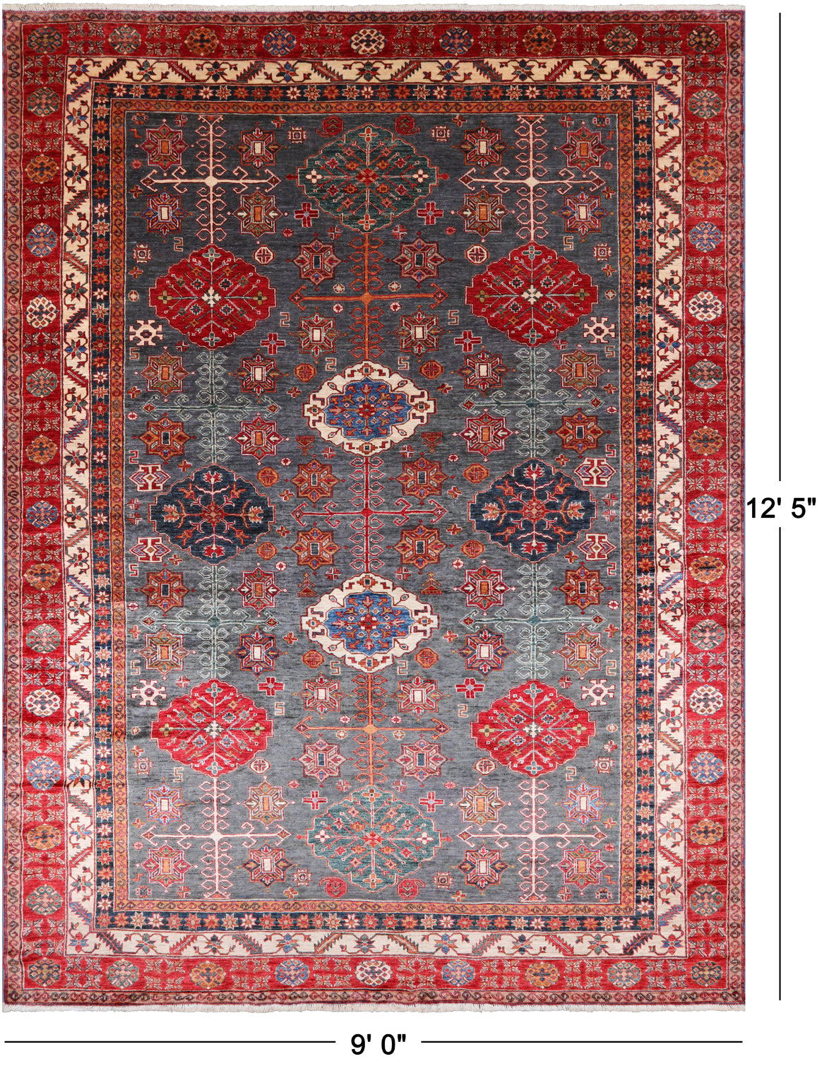 Grey Super Kazak Handmade Wool Rug - 9' 0" X 12' 5"