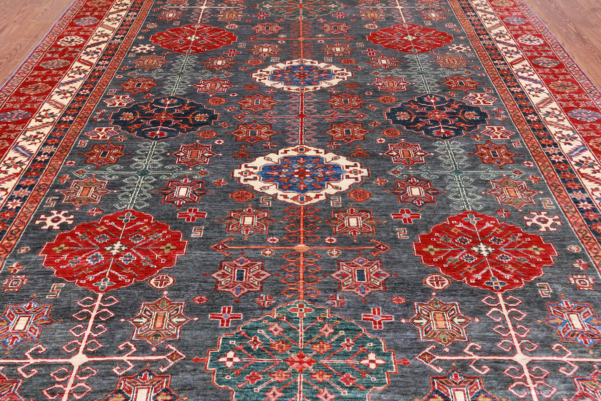 Grey Super Kazak Handmade Wool Rug - 9' 0" X 12' 5"