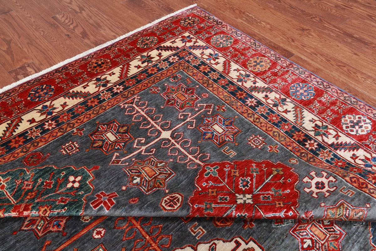 Grey Super Kazak Handmade Wool Rug - 9' 0" X 12' 5"