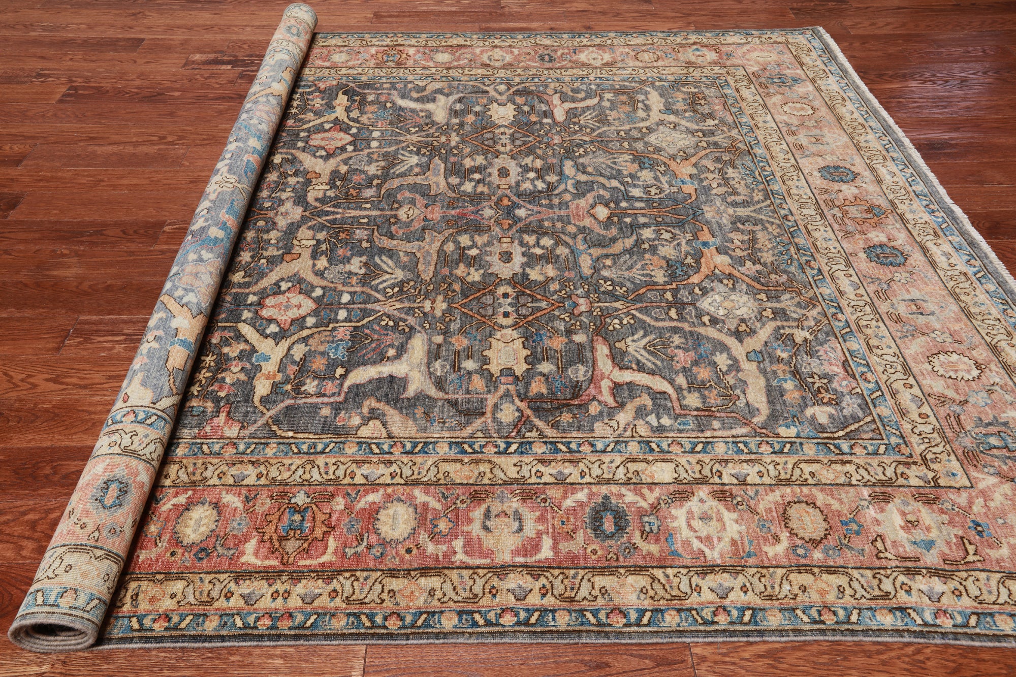 Grey Persian Antique Finish Zero Pile Handmade Wool Rug - 7' 9" X 10' 3"