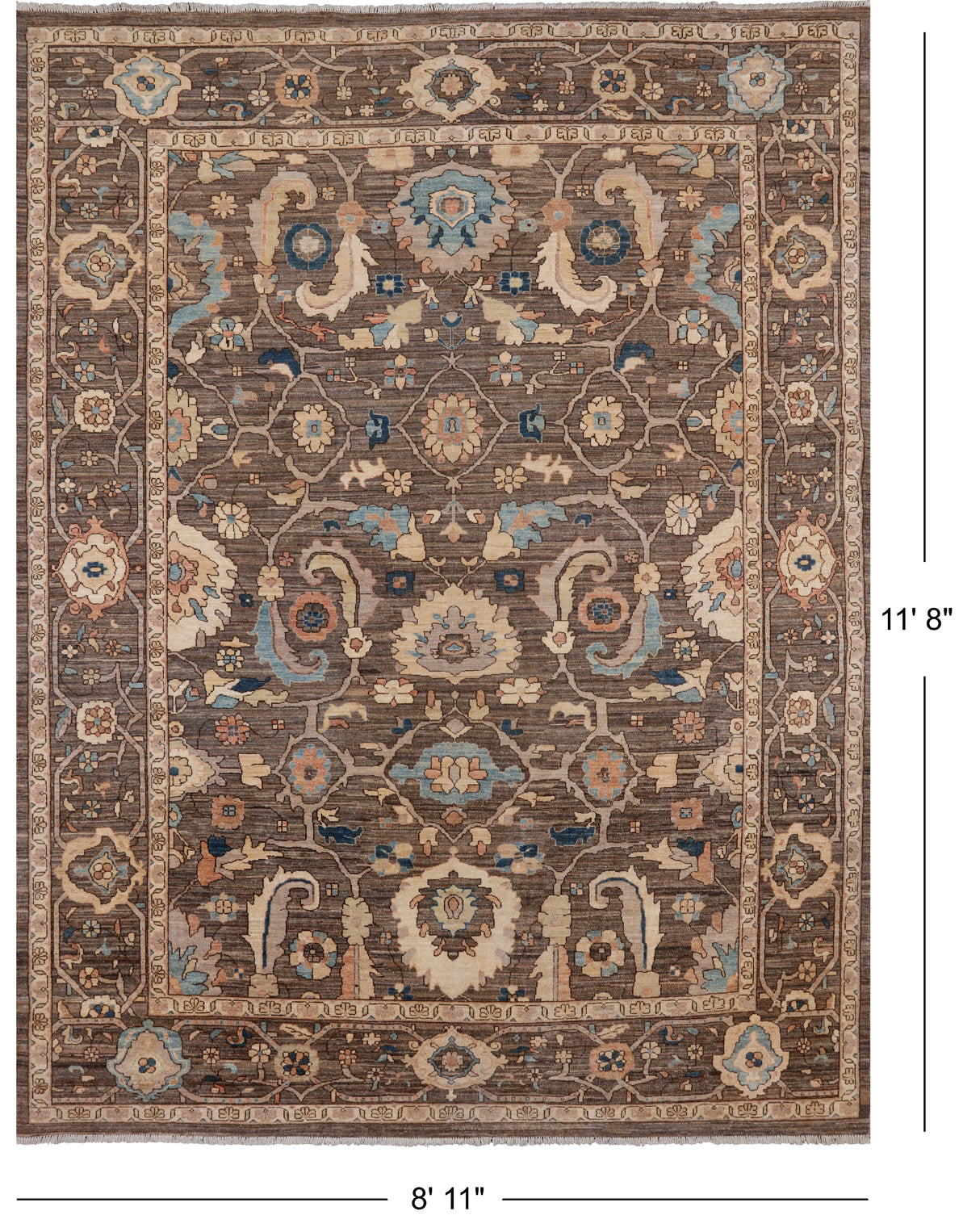 Brown Persian Antique Finish Zero Pile Handmade Wool Rug - 8' 11" X 11' 8"