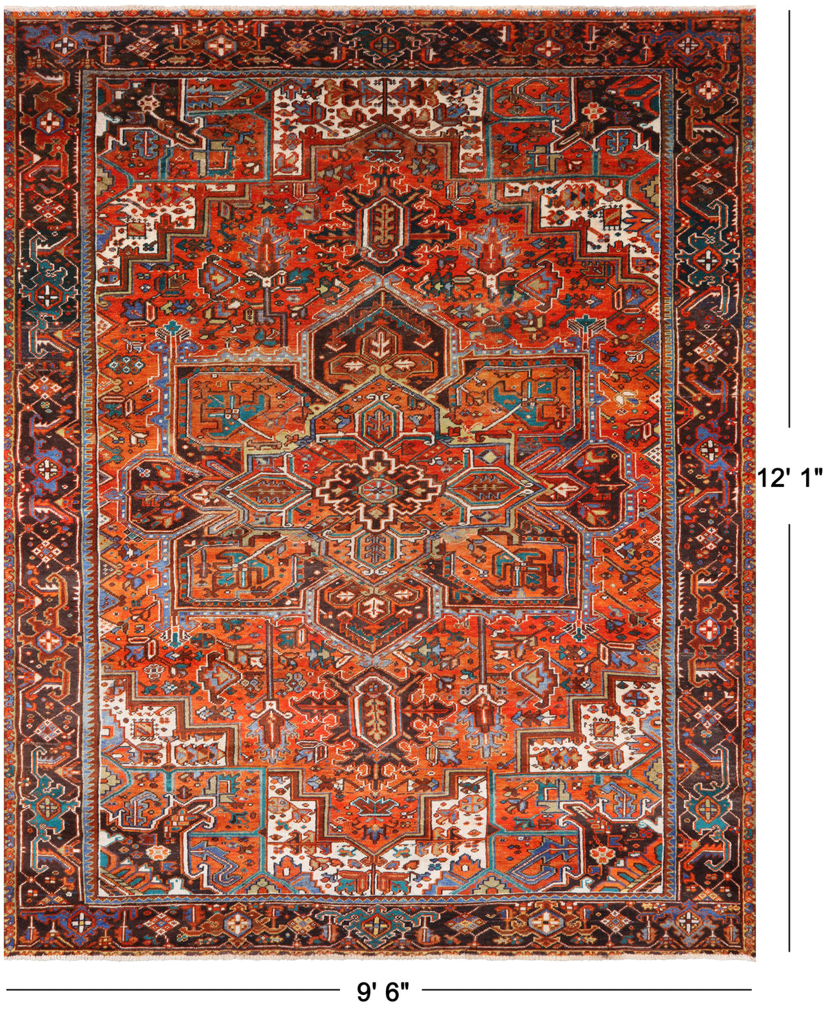 Orange Vintage Persian Heriz Serapi Handmade Wool Rug - 9' 6" X 12' 1"