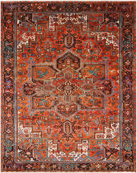 Orange Vintage Persian Heriz Serapi Handmade Wool Rug - 9' 6" X 12' 1"