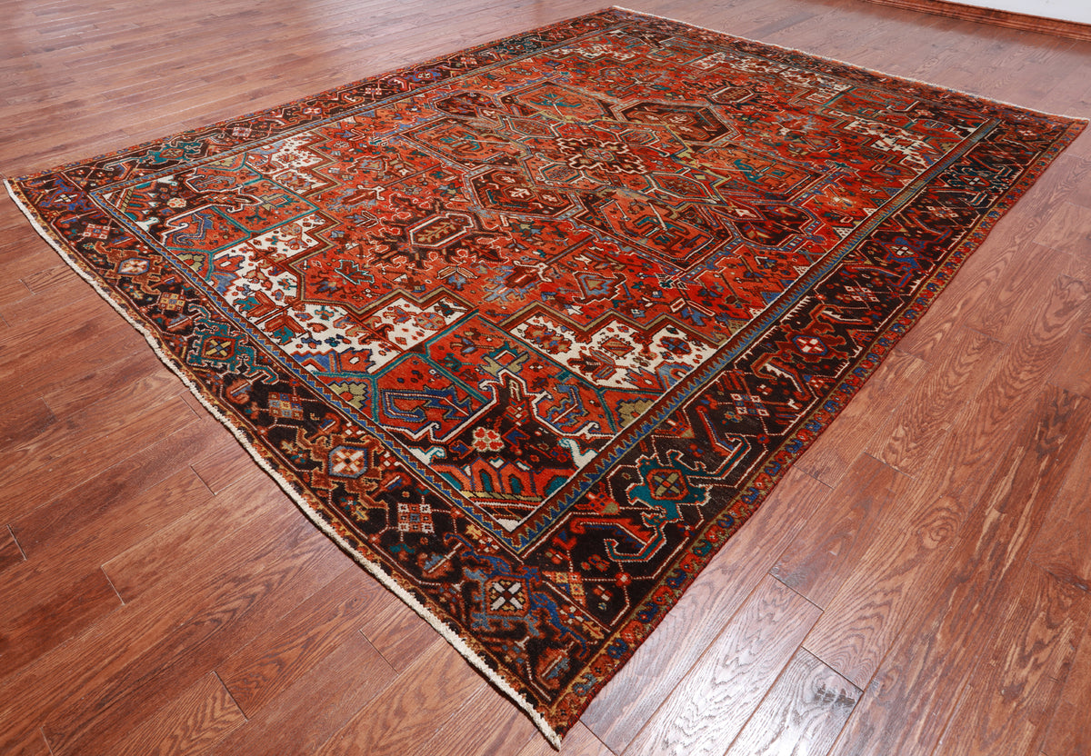 Orange Vintage Persian Heriz Serapi Handmade Wool Rug - 9' 6" X 12' 1"